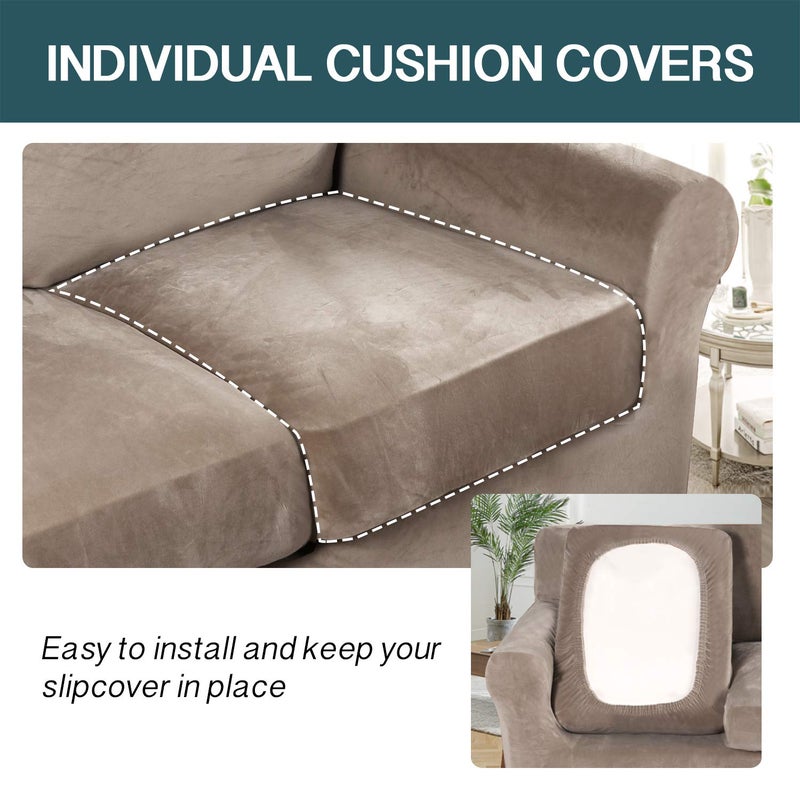 FantasDecor أغطية كراسي صوفا فانتاس ديكور 2 قطعة من المخمل لغرفة المعيشة، أغطية قابلة للانزلاق مع وسائد فردية، واقي أثاث مرن للحيوانات الأليفة، قابلة للغسل في الغسالة (كرسي بذراعين، بني فاتح) - Image 4